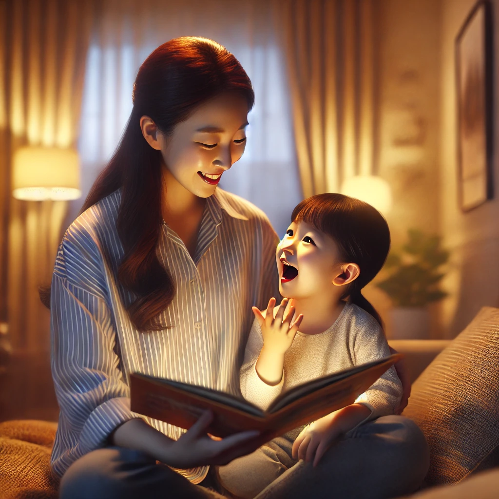 부모와 자녀가 아늑한 거실에서 자녀가 흥미진진하게 이야기를 나누는 모습을 부모가 경청하는 장면. 따뜻한 조명이 분위기를 더함