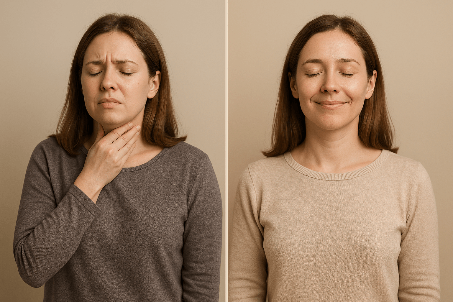 목에 통증을 느끼며 손으로 짚고 있는 여성과, 회복된 모습으로 편안하게 눈을 감고 있는 여성의 비교 이미지