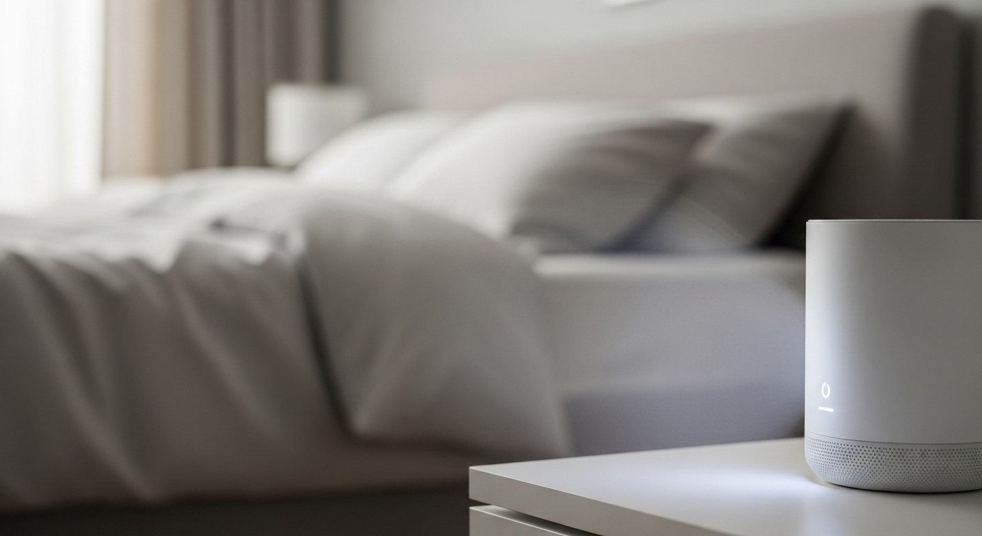 고요한 한국 침실에서 부드러운 소리를 내는 세련된 백색소음기. 평온하고 안정적인 수면 환경을 조성합니다.