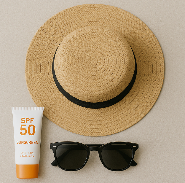 자외선 차단제, 선글라스, 챙 넓은 모자 사진