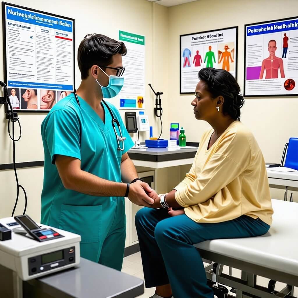 건강 검진: 보건소에서 건강 검진을 받는 모습, 여러 가지 검사 기구가 있는 장면