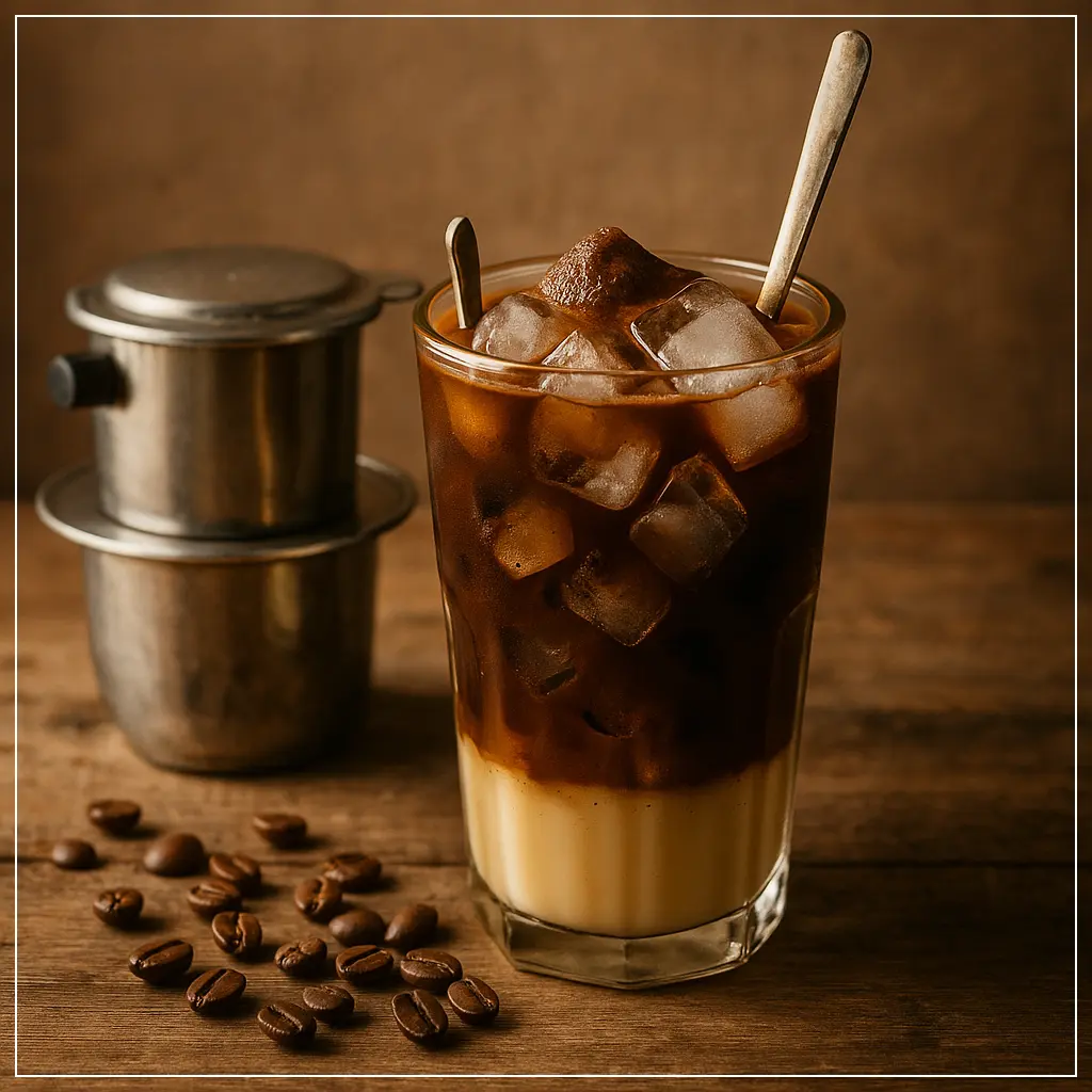 연유를 넣은 베트남 아이스커피와 커피 핀