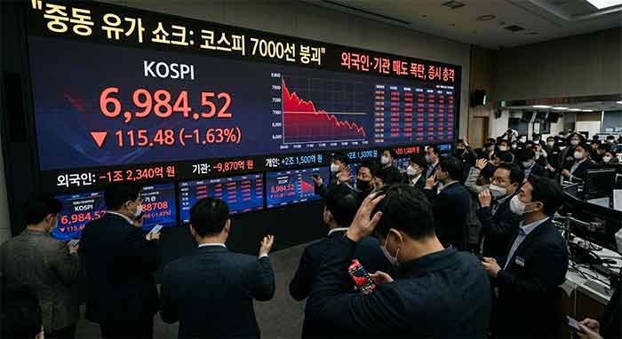 중동 유가 쇼크에 코스피 7000선 붕괴를 표현한 이미지 입니다.
