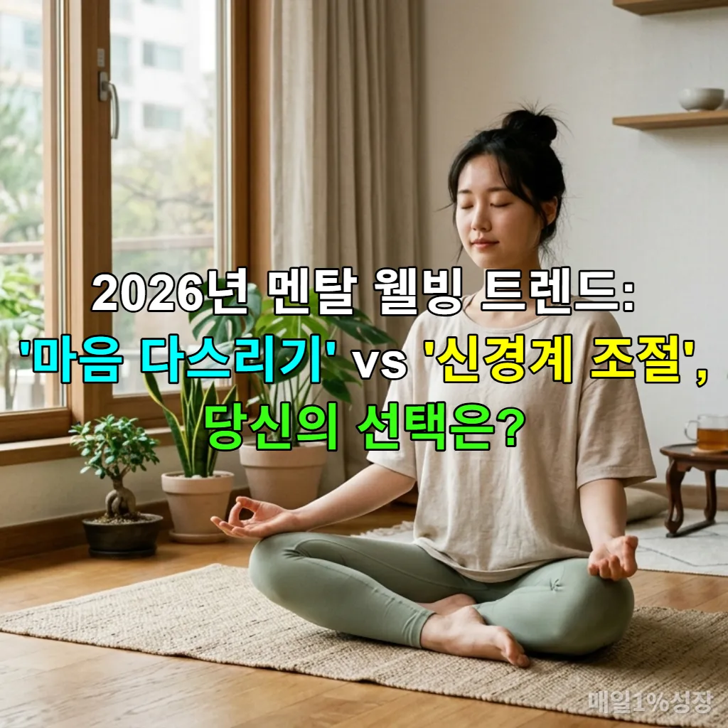 젊은 한국 여성이 현대적인 한국 가정에서 명상하며 마음의 평화를 찾고 있는 모습