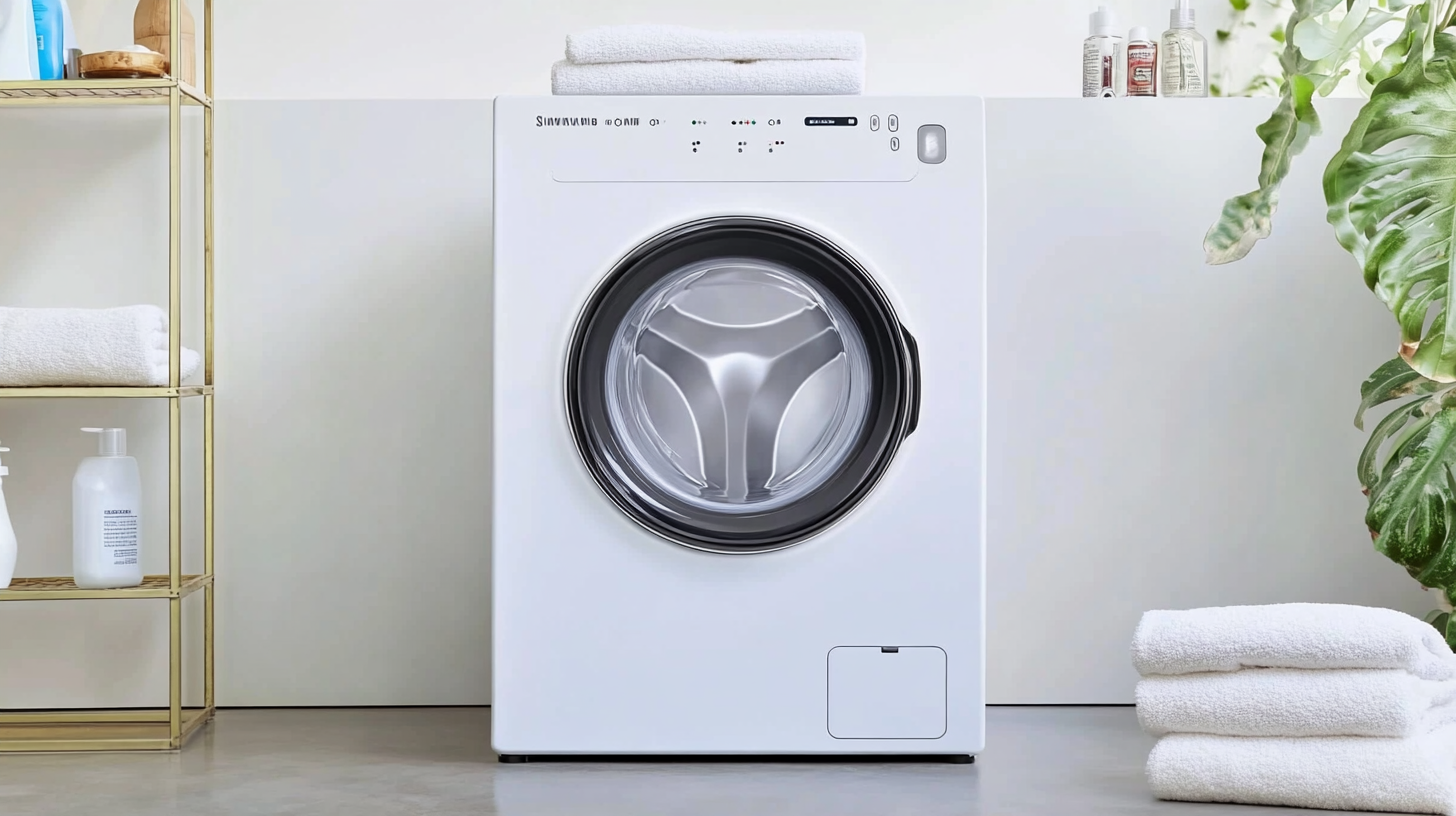 삼성의 현대적인 세탁기가 미니멀리스트 스타일의 세탁실에 놓여있어 깔끔한 디자인과 첨단 기능을 강조하고 있으며, 부드러운 조명이 컨트롤을 비추고 있는 장면