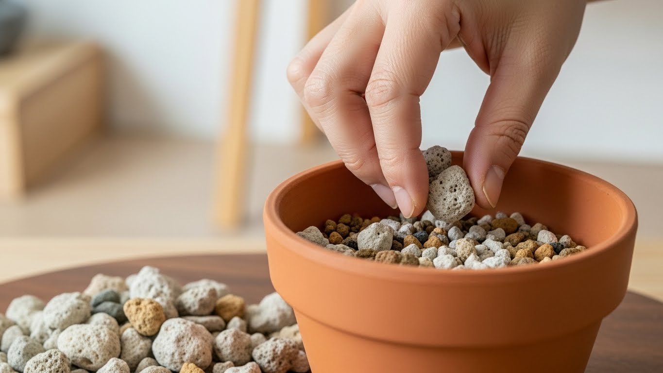화분 바닥에 배수층을 넣는 장면