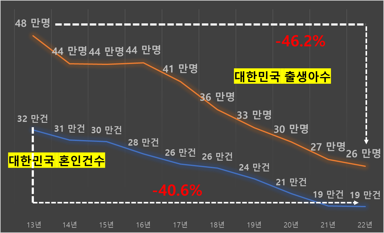 2013년 ~ 2022년 대한민국 출생아수 vs 혼인건수 Trend