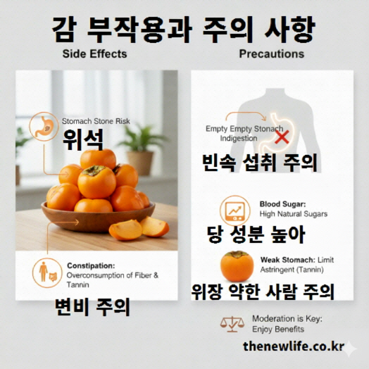 감 부작용과 주의 사항 인포그래픽, 위석·변비·빈속 섭취 주의·당 성분 높음 등 감 섭취 시 주의점 정리 이미지