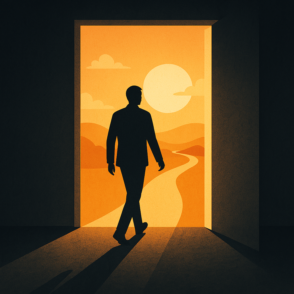 암흑에서 밖으로 걸어 나오는 사람