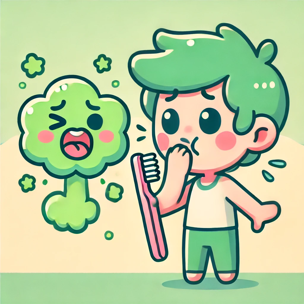 소년이 입을 손으로 가리고 있고 앞에 칫솔이 놓여있는 일러스트