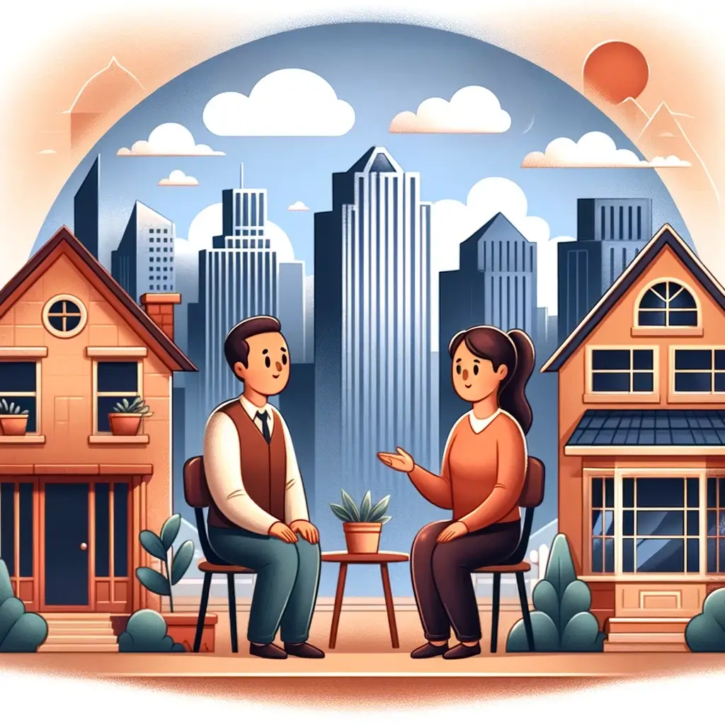 초보 부동산 투자자들이 흐릿한 도시 배경 앞에서 전략을 논의하는 모습