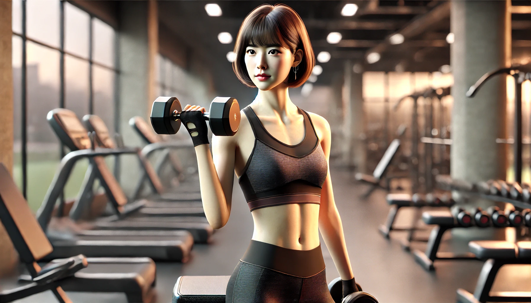단발머리의 한국 여성, 검은 스포츠 브라와 레깅스를 입고 헬스장에서 덤벨컬을 하는 모습, 집중된 표정, 현대적인 피트니스 센터