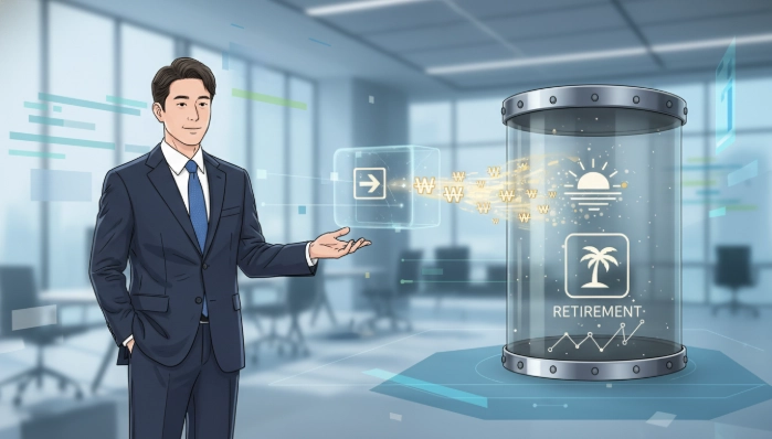 퇴직금을 IRP 계좌로 이전하여 과세이연과 연금 수령 시 절세 혜택을 받는 과정을 묘사하는 이미지