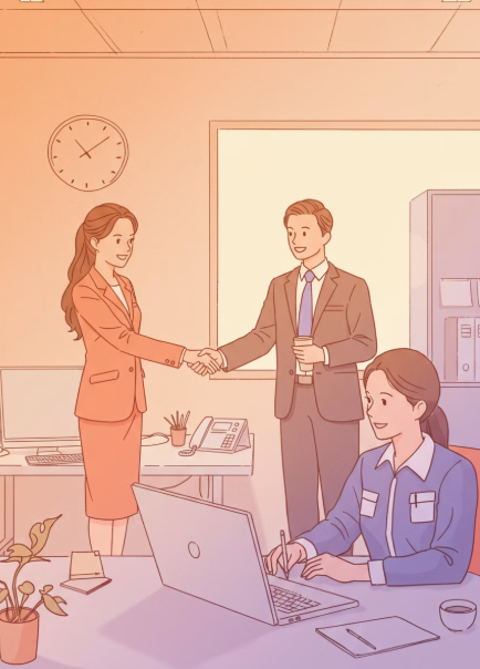 육아휴직 대체인력 회사에서 상사와 이야기하는 모습