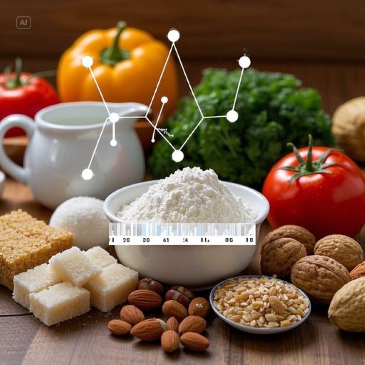 한쪽에는 정제된 백설탕과 흰 밀가루가 담긴 그릇들이 있고, 다른 한쪽에는 신선한 채소, 견과류, 통곡물이 아름답게 배치된 대조적인 구성. 중앙에는 혈당 그래프와 인슐린 분자 구조가 은은하게 오버레이된 과학적이면서도 따뜻한 느낌의 이미지