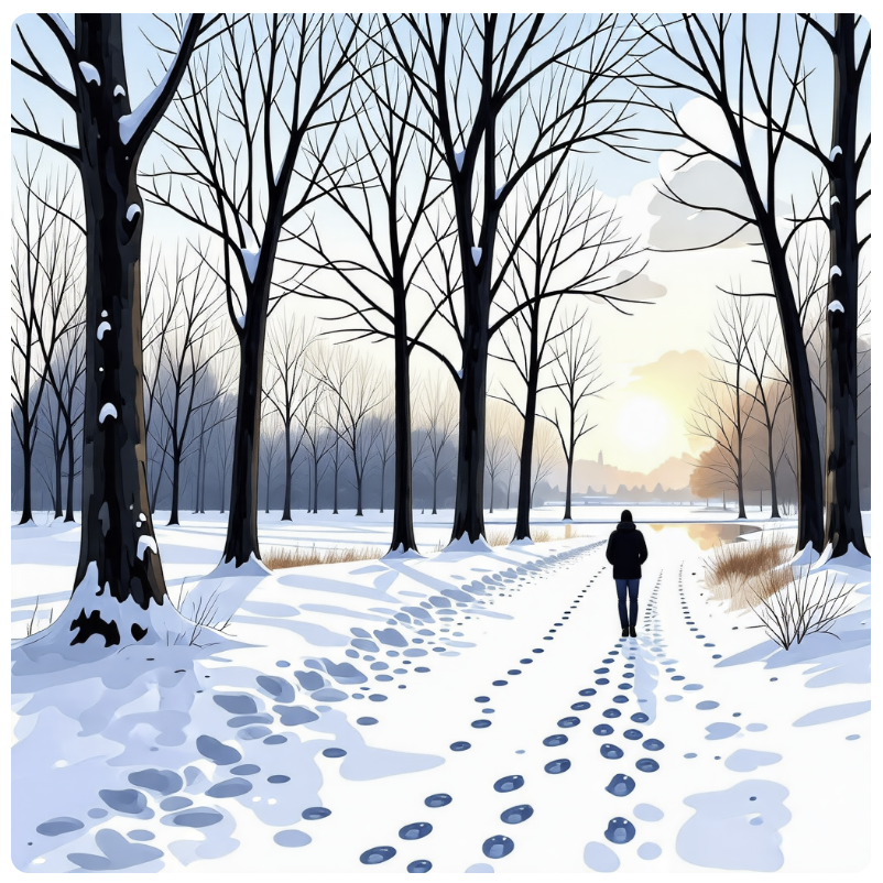 겨울철의 공원에서 산책을 하는 사람의 모습