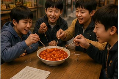 네 명의 학생이 떡볶이 한 접시를 가운데 두고 꼬치를 들며 웃는 모습