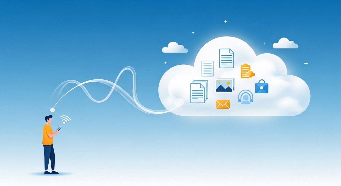 스마트폰을 사용하는 사람이 하늘에 떠 있는 거대한 클라우드와 연결되어 데이터를 안전하게 저장하는 모습을 표현한 클라우드 컴퓨팅 이미지.