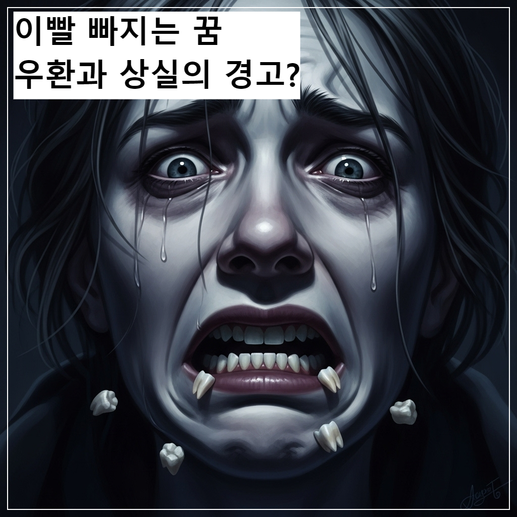 어두운 배경 속에서 이빨이 우수수 떨어지는 것을 목격하고 충격과 불안에 휩싸인 사람의 초현실적인 일러스트