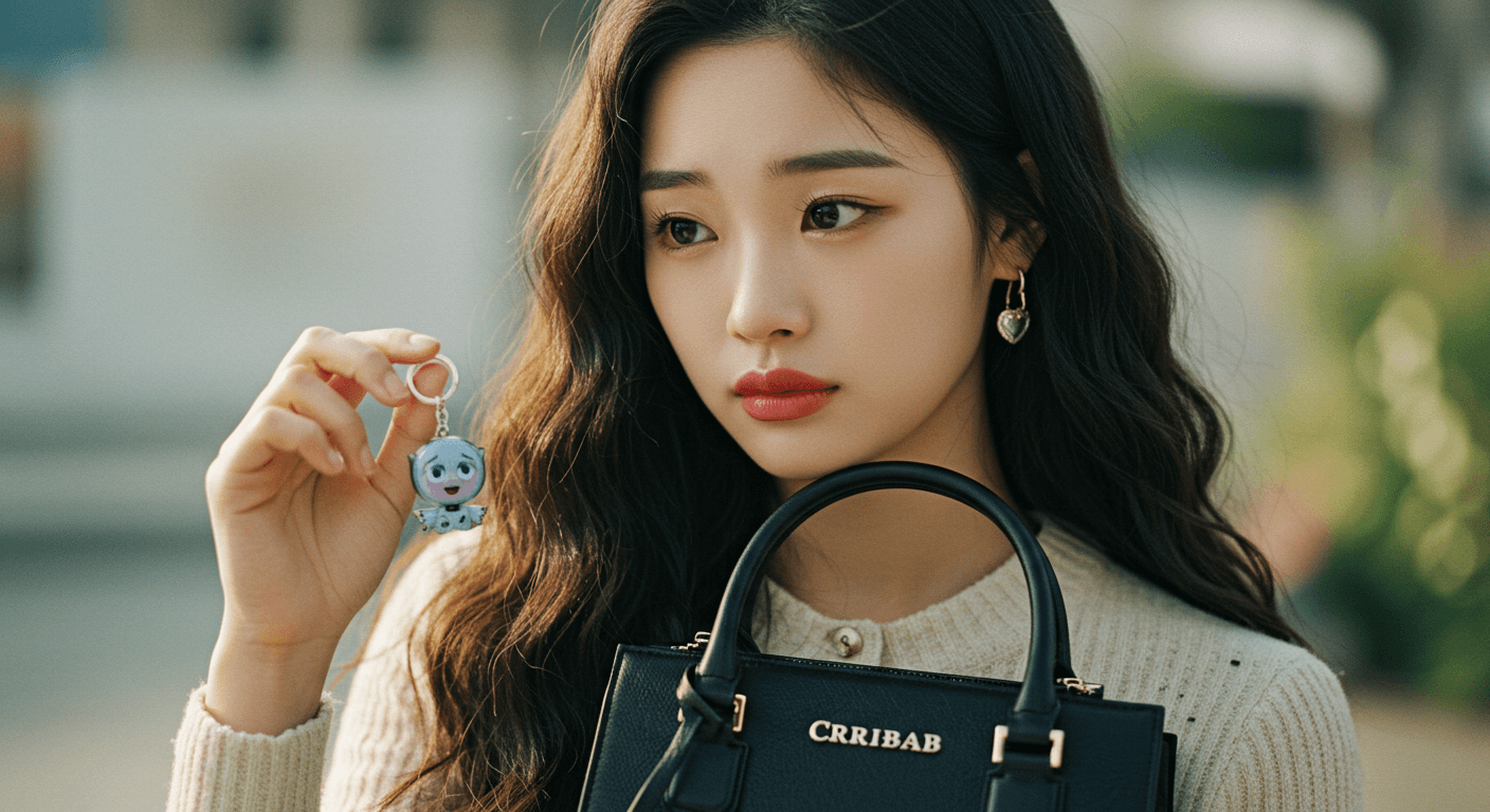 여성이 가방에 크라이베이비 키링을 달고 감성적으로 바라보는 장면 2