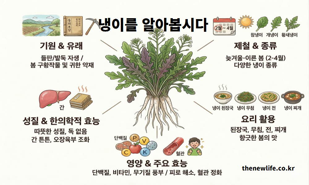 냉이 효능의 유래와 기원, 종류를 요약한 이미지