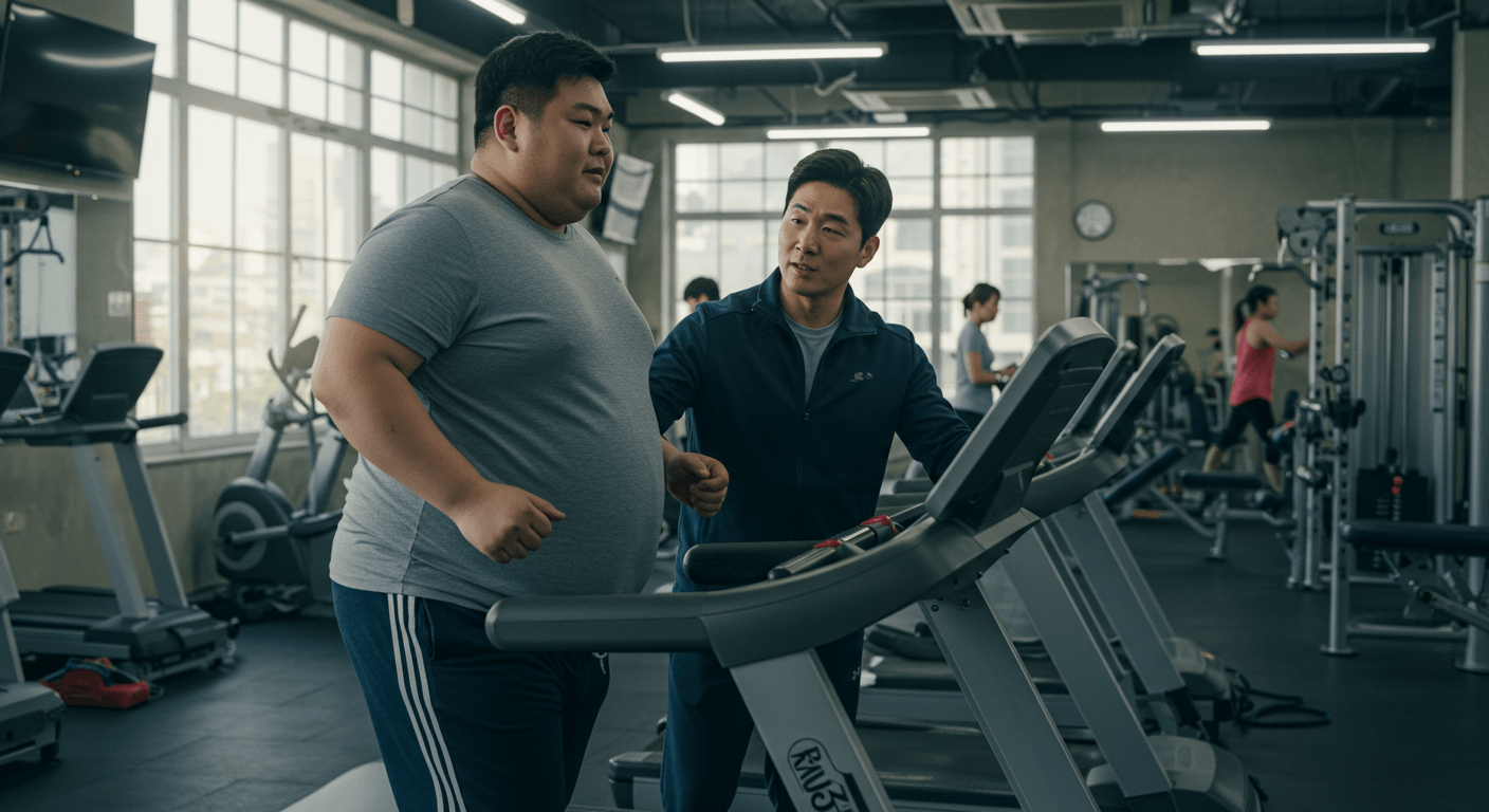 비만 남성 환자가 헬스장에서 트레이너 지도하에 운동하는 장면 3