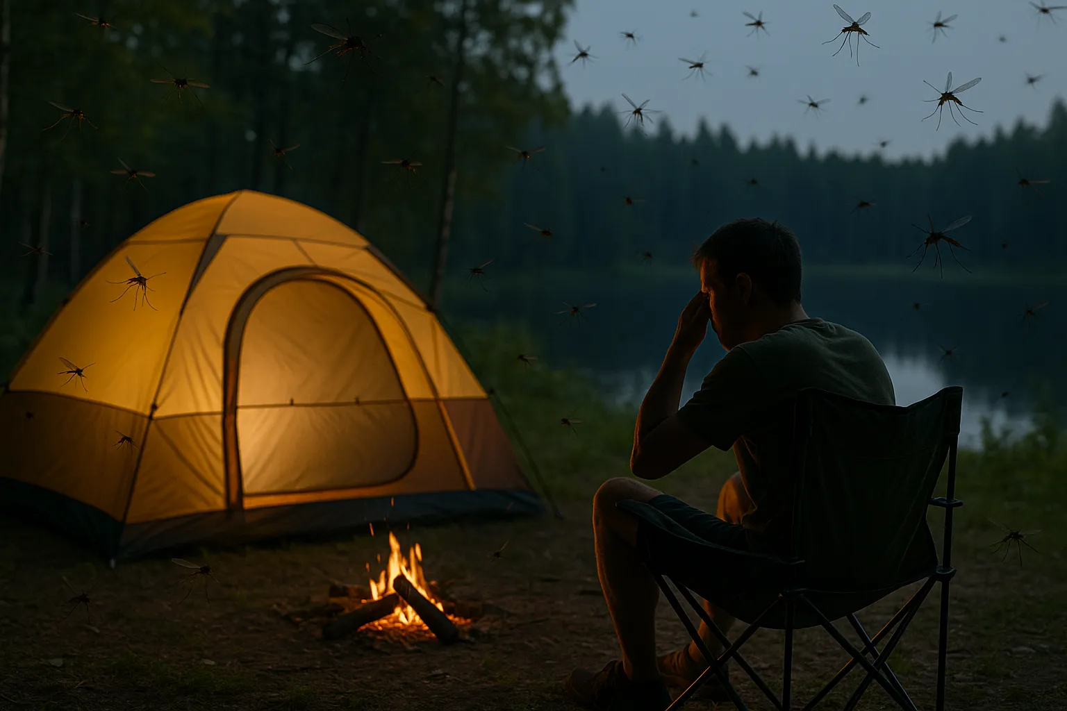 해가-지는-캠핑장에서-따뜻하게-빛나는-텐트와-모닥불-주변으로-모기가-많이-몰려드는-상황을-사람의-실루엣과-함께-현실감-있게-표현한-장면