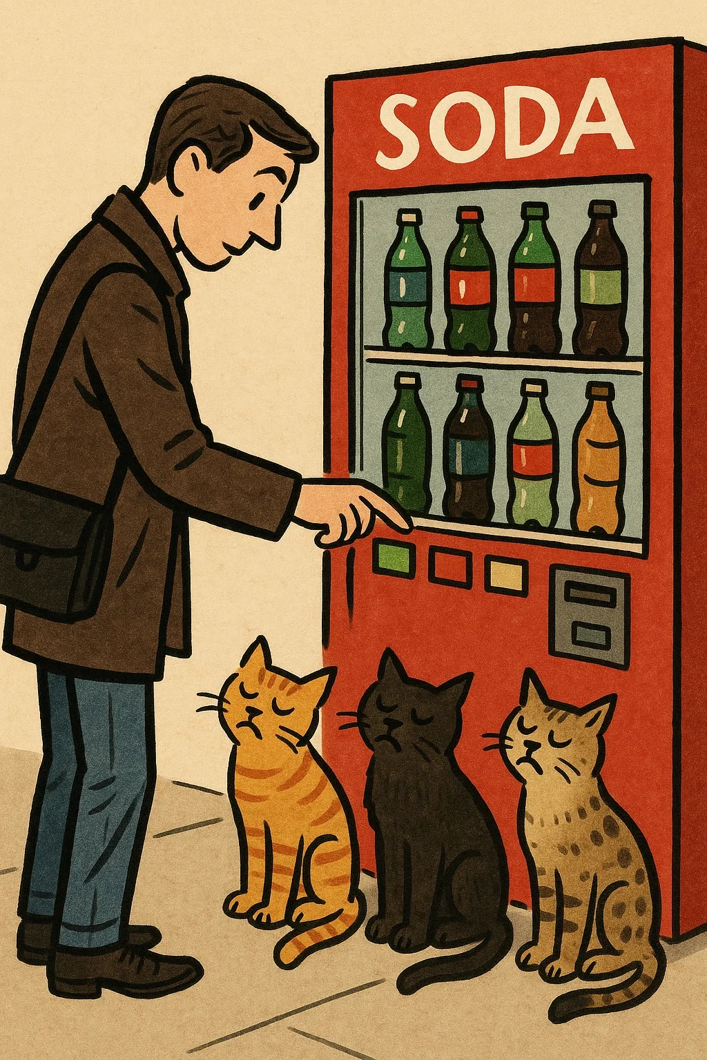 탄산음료를 자판기에서 뽑으려는 남자와 막고 있는 길고양이들