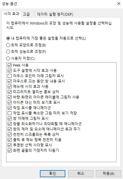 윈도우 운영체제 성능 옵션