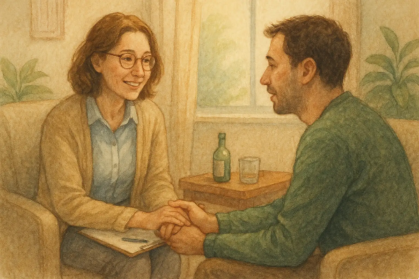 알코올 중독 회복 심리 상담 장면, 전문가와 내담자가 따뜻하게 대화하며 인지행동치료를 진행