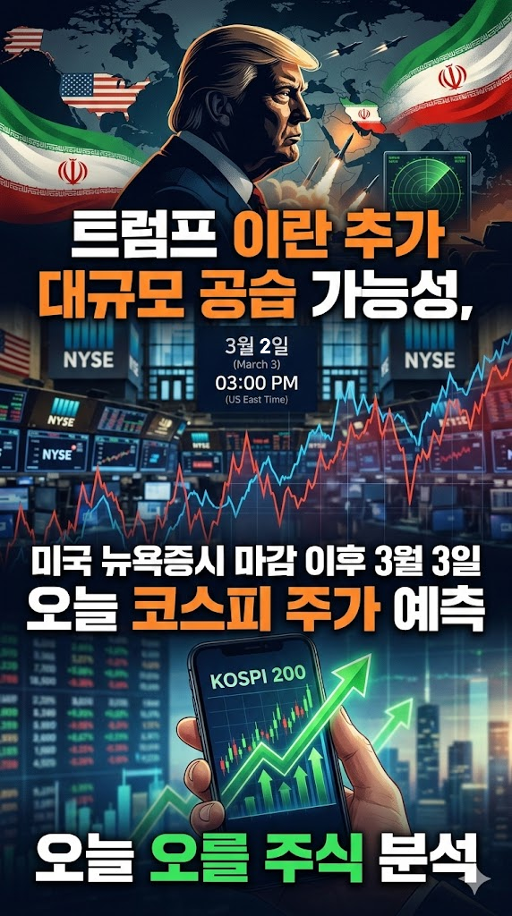트럼프 이란 추가 대규모 공습 가능성, 미국 뉴욕증시 마감 이후 3월 3일 오늘 코스피 주가 예측, 오늘 오를 주식 분석