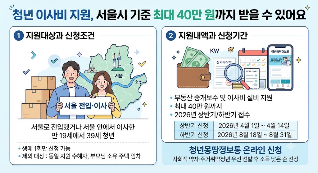 청년 이사비 지원, 서울시 기준 최대 40만 원까지 받을 수 있어요