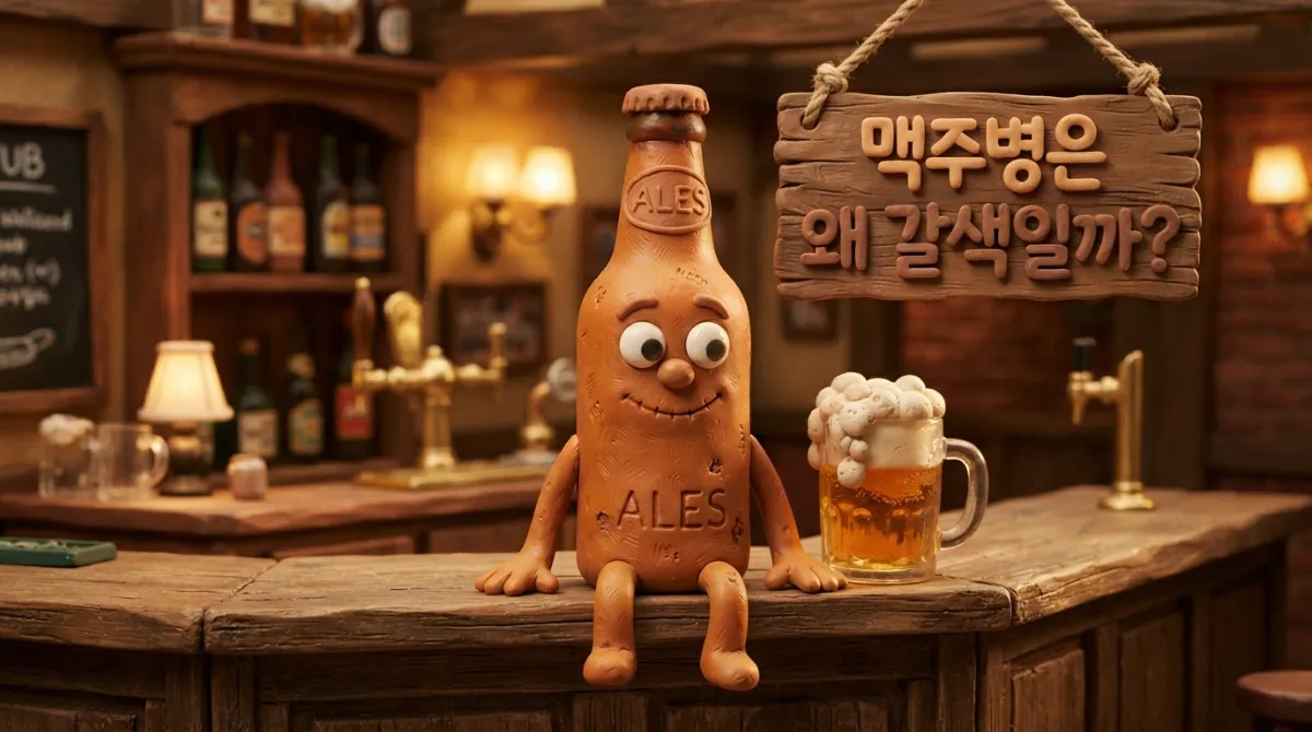 갈색 맥주병을 의인화한 클레이 캐릭터와 시원한 거품이 넘치는 맥주잔이 미니어처 펍 한가운데 놓인 아드만 스타일의 스톱모션 일러스트