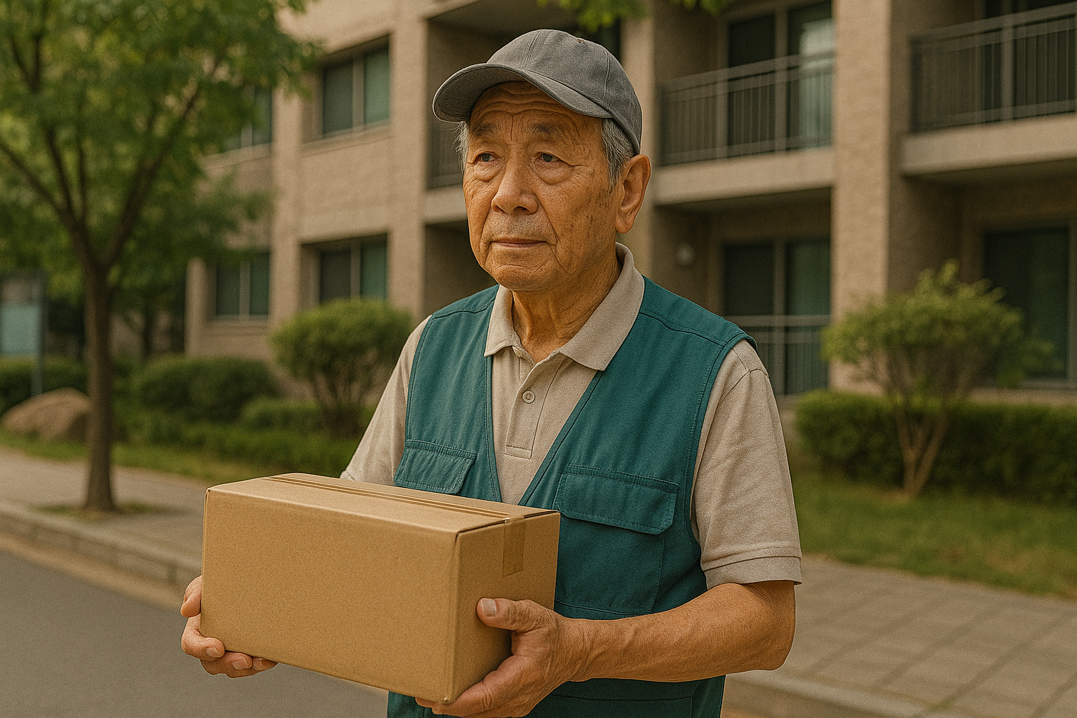 모자를 쓴 남성 노인이 택배 상자를 들고 있는 모습