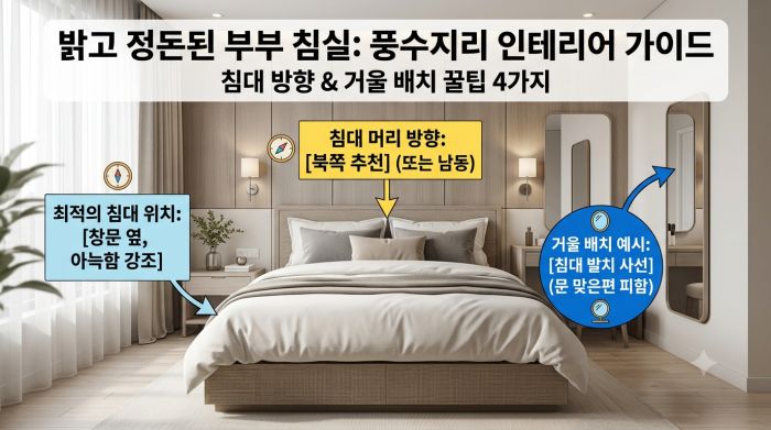 부부 침실 풍수 배치 가이드 침대 위치 머리 방향 거울 배치 예시 이미지