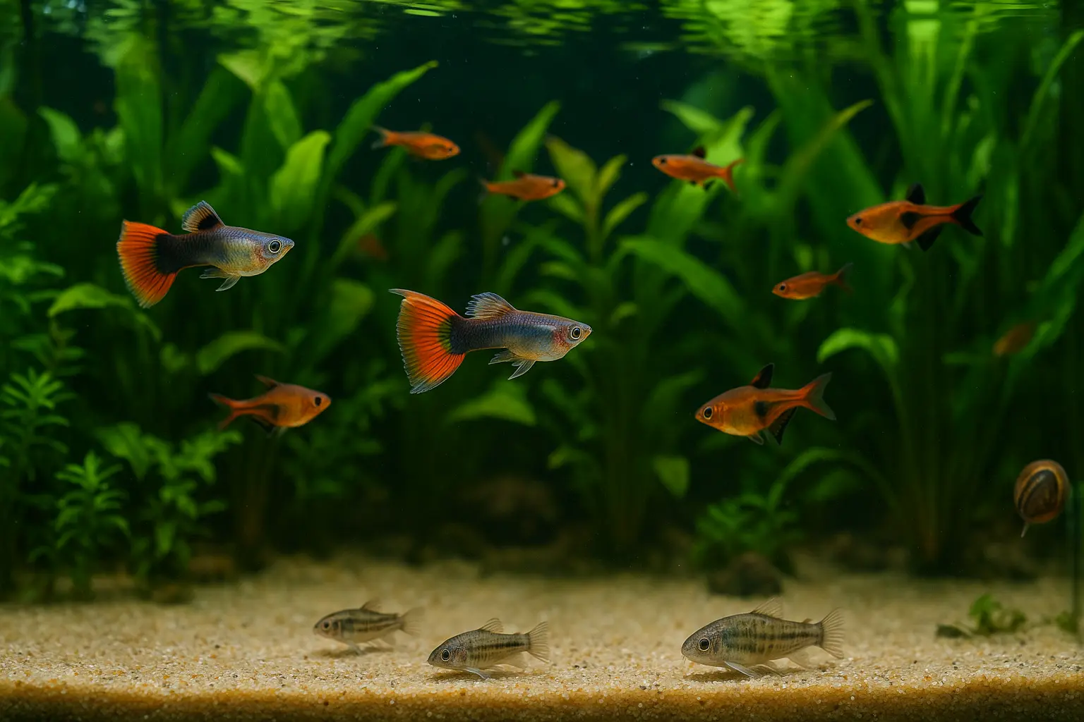구피와 라스보라, 테트라, 코리도라스가 함께 평화롭게 유영하는 수초 어항 모습