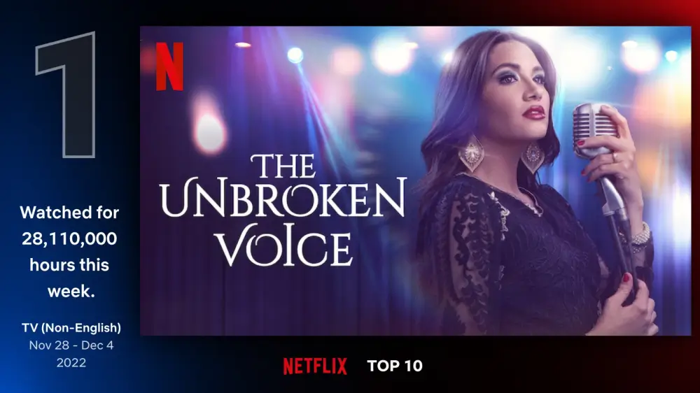 한여성이 마이크를 들고 있는 The Unbroken Voice 포스터