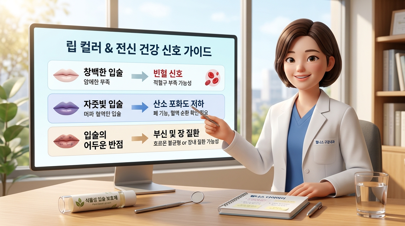 청정하고 세련된 분위기의 대학병원 구강내과 진료실에서 보건 의학 전문가 선생님이 대형 인포그래픽 모니터를 가리키며 입술 상피 세포 아래 모세혈관망의 산소 포화도 저하 및 멜라닌 세포 과다 고착 생리학적 메커니즘을 조목조목 설명하고, 입술 색으로 보는 건강 신호 관리 수칙과 창백함, 보라색, 검은 점 등 입술 색깔이 말해주는 우리 몸의 질환에 대한 정답으로 아침 기상 직후 자가 색조 판별 및 순한 수분 완충 행동 수칙을 환자에게 다정하게 안내해 주는 현대적이고 깔끔한 3D 렌더링 이미지.
