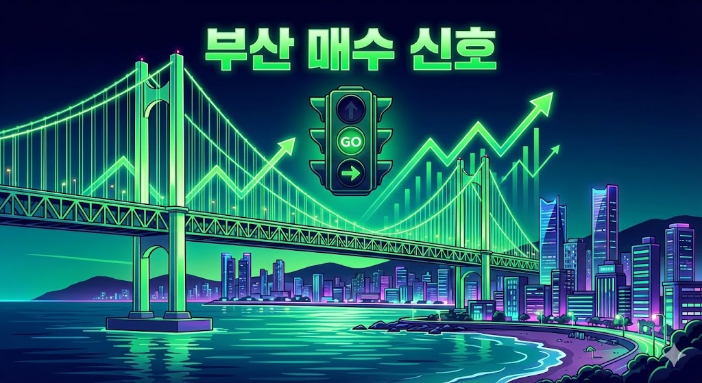부산 광안대교 야경과 상승하는 그래프가 겹쳐진 일러스트, 부동산 매수 신호 이미지