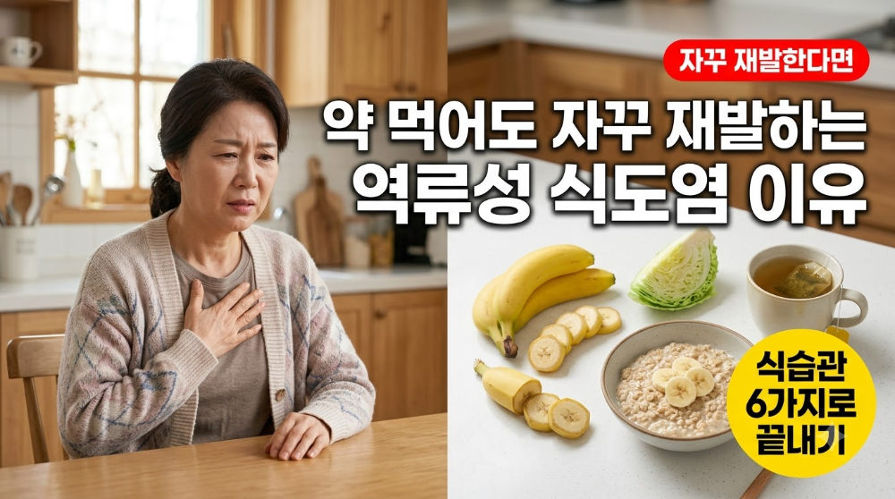 alt="가슴 쓰림으로 고통받는 50대 여성이 식습관 개선으로 회복하는 모습"
