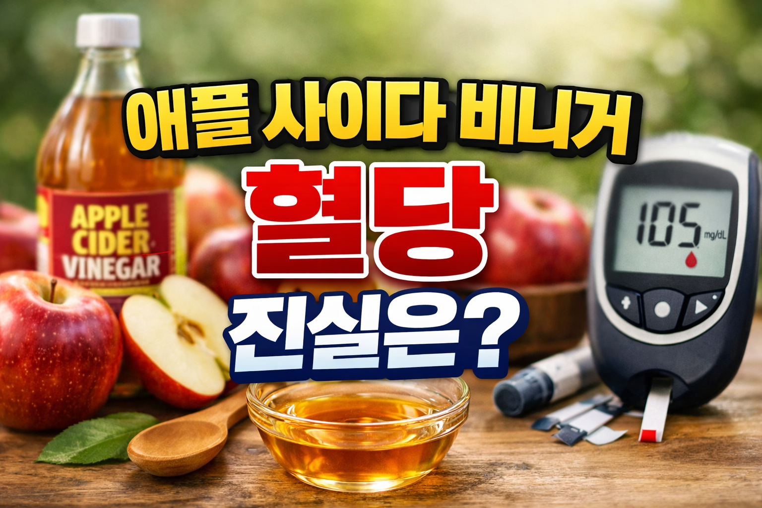 애플사이다비네거 병, 사과, 혈당 측정기, 식초가 담긴 그릇이 놓인 애사비 혈당 진실 썸네일 이미지