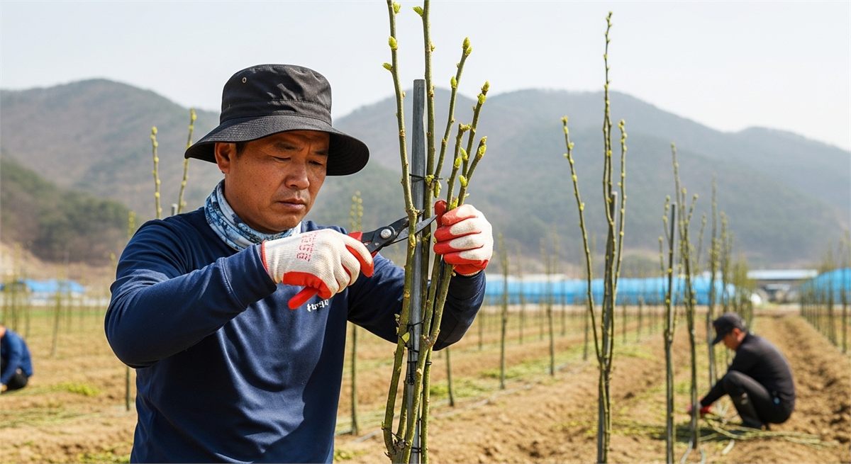 새순 수확 뒤 가지를 정리하는 한국인 재배자의 모습 