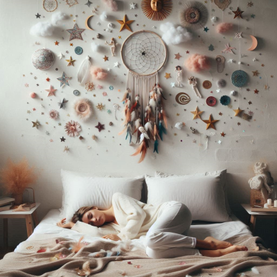 꿈을 꾸는 사람과 그 주위에 떠오르는 다양한 상징들, 꿈의 이미지를 나타내는 벽 장식이 보입니다.