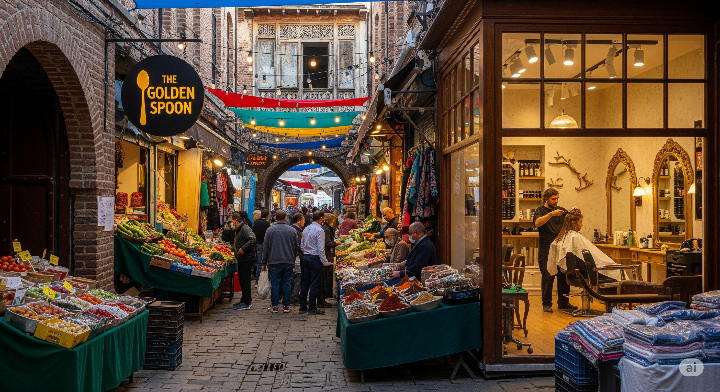 활기찬 전통시장 골목, 동네 식당 간판, 아늑한 미용실 내부