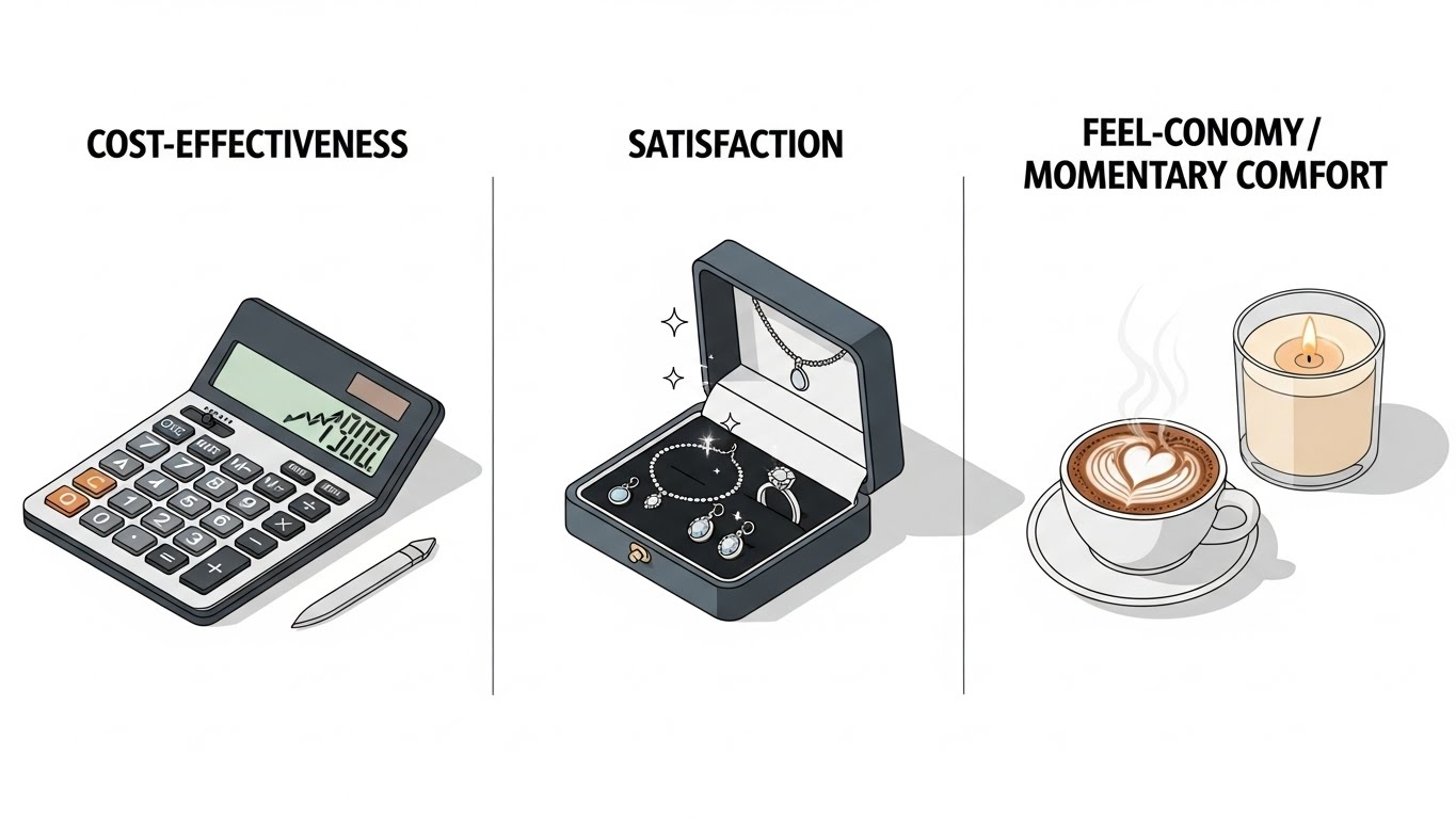 Infographic style image comparing three stages. On the left is a calculator (cost-effectiveness), in the middle is a jewelry box (satisfaction), and on the right are warm coffee and a candle (Feel-conomymomentary comfort). Clean isometric design, white background.