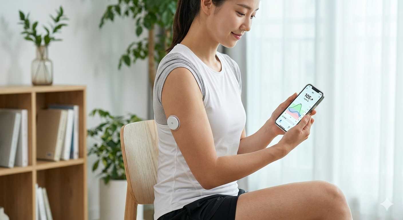 연속혈당측정기를 부착하고 혈당 변화를 휴대폰으로 확인하는 모습의 이미지