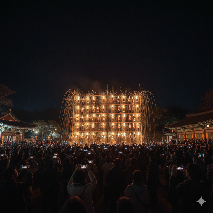 영평사 낙화축제 현장 전경, 많은 관람객이 낙화놀이를 관람하는 모습
