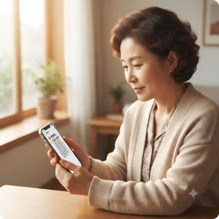 스마트폰으로 폭염특보 안전안내문자를 확인하는 중년 여성