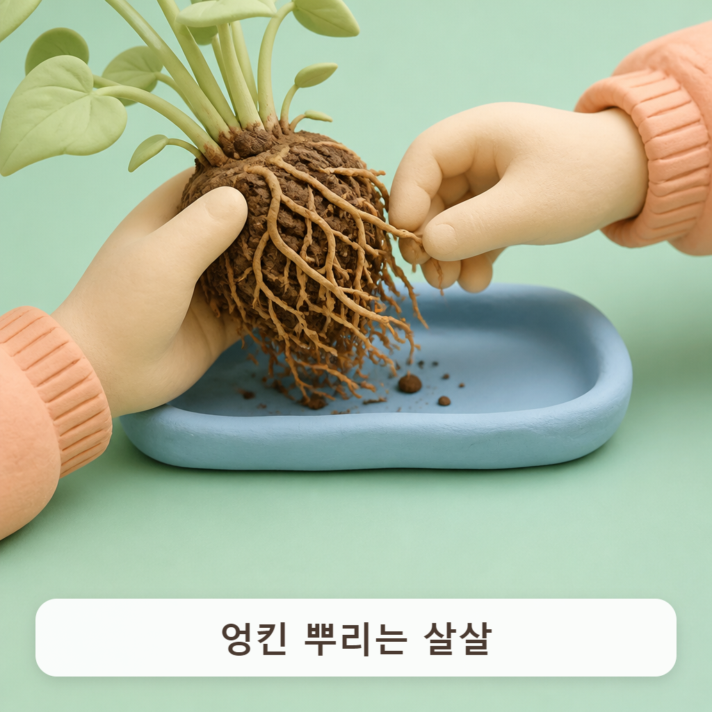 두 손으로 엉킨 뿌리를 살살 풀어 주는 장면