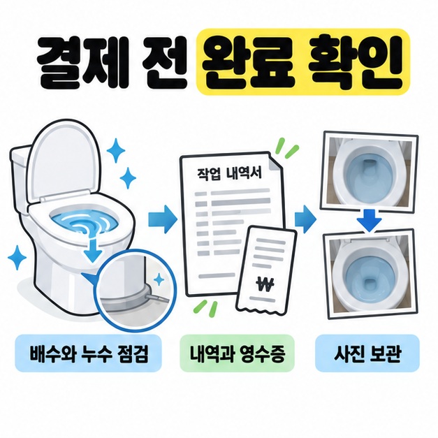 배수와 변기 바닥 연결부를 점검한 뒤 작업 내역서와 영수증을 받고 작업 사진을 보관하는 흐름을 보여준 도식.